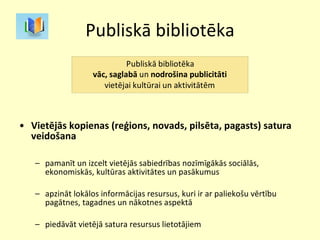 Publiskā bibliotēka Vietējās kopienas (reģions, novads, pilsēta, pagasts) satura veidošana pamanīt un izcelt vietējās sabiedrības nozīmīgākās sociālās, ekonomiskās, kultūras aktivitātes un pasākumus apzināt lokālos informācijas resursus, kuri ir ar paliekošu vērtību pagātnes, tagadnes un nākotnes aspektā piedāvāt vietējā satura resursus lietotājiem 