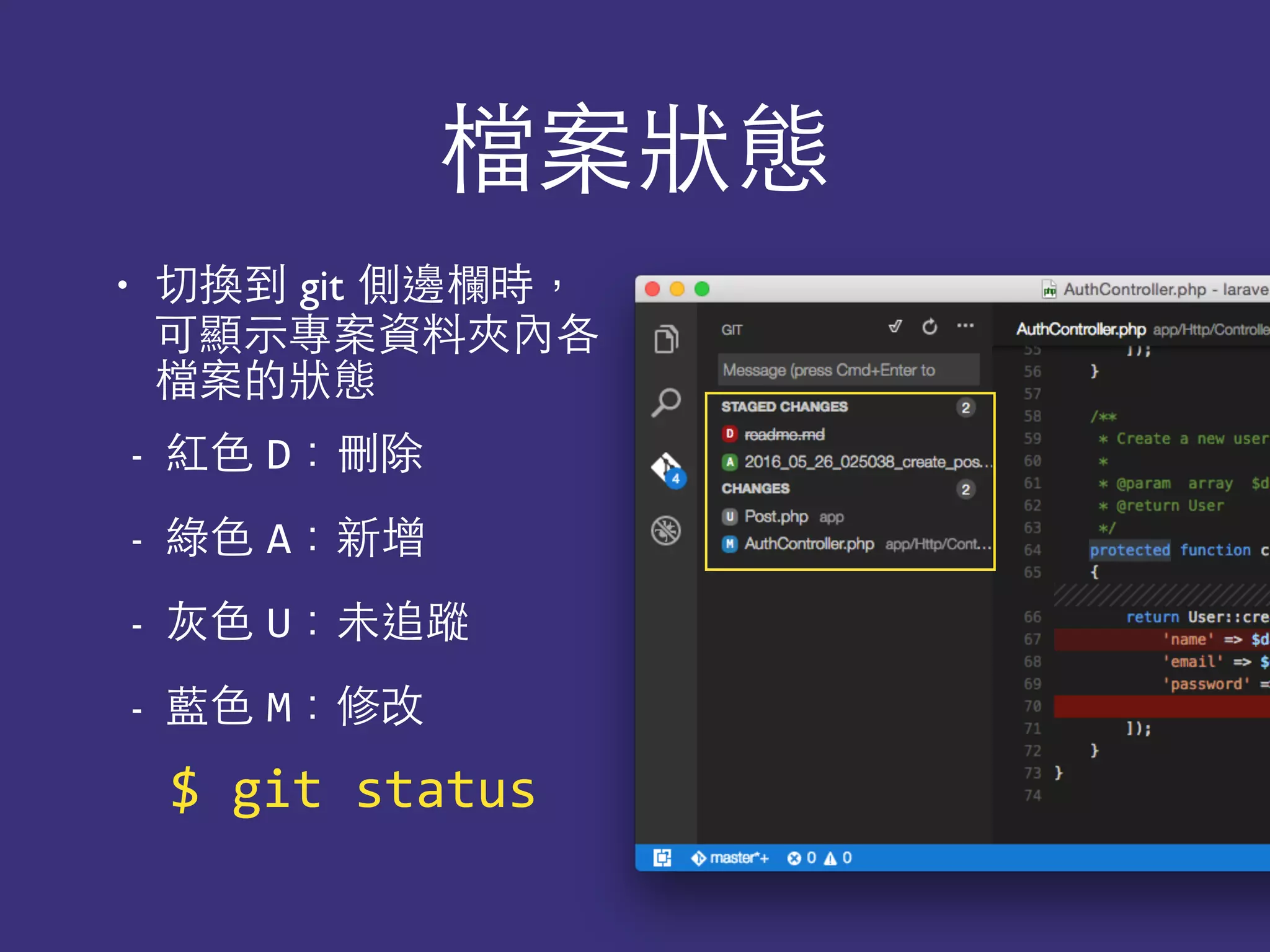 檔案狀態
• 切換到 git 側邊欄時，
可顯⽰示專案資料夾內各
檔案的狀態
- 紅⾊色 D：刪除
- 綠⾊色 A：新增
- 灰⾊色 U：未追蹤
- 藍⾊色 M：修改
$	
  git	
  status
 