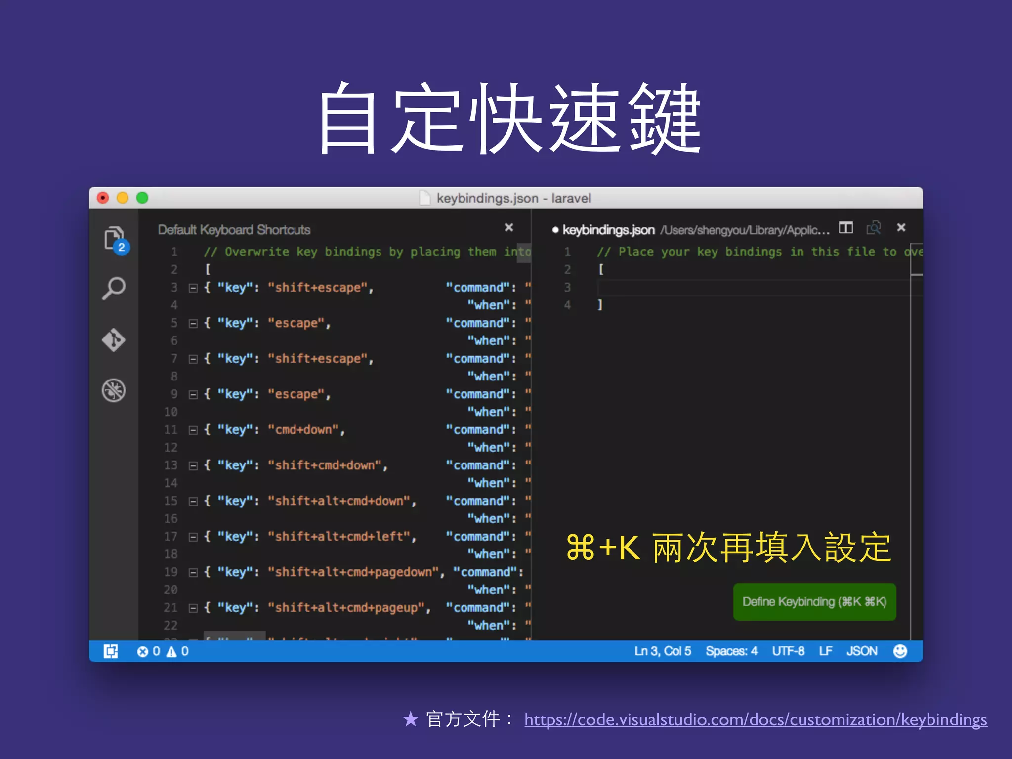 ⾃自定快速鍵
⌘+K 兩次再填⼊入設定
★ 官⽅方⽂文件： https://code.visualstudio.com/docs/customization/keybindings
 
