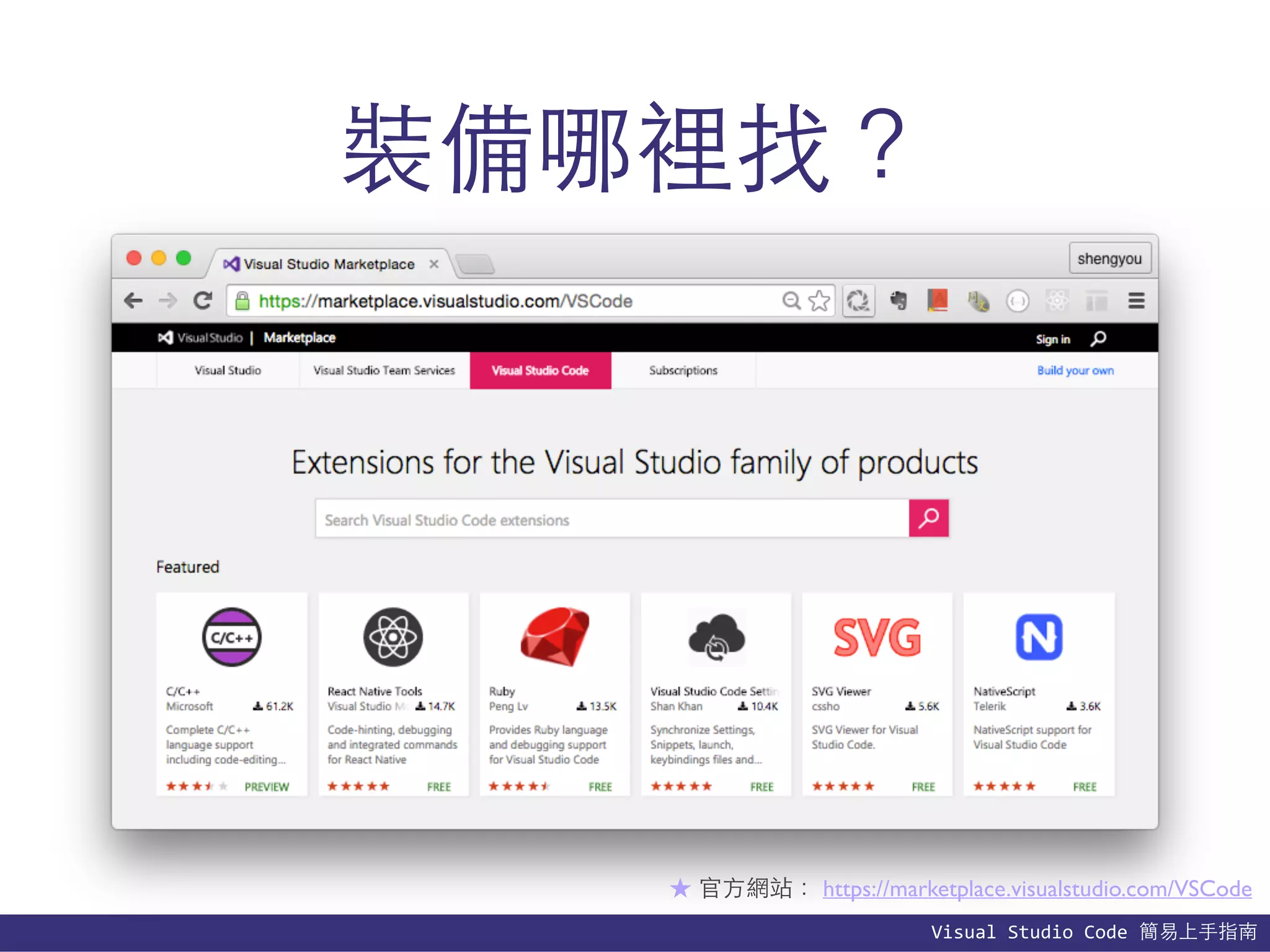 Visual	
  Studio	
  Code	
  簡易上⼿手指南
裝備哪裡找？
★ 官⽅方網站： https://marketplace.visualstudio.com/VSCode
 