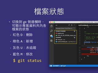 檔案狀態
• 切換到 git 側邊欄時，
可顯⽰示專案資料夾內各
檔案的狀態
- 紅⾊色 D：刪除
- 綠⾊色 A：新增
- 灰⾊色 U：未追蹤
- 藍⾊色 M：修改
$	
  git	
  status
 