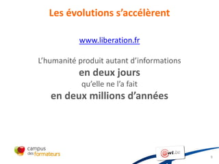Les évolutions s’accélèrent

           www.liberation.fr

L’humanité produit autant d’informations
           en deux jours
            qu’elle ne l’a fait
   en deux millions d’années




                                           9
 