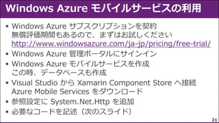 
http://www.windowsazure.com/ja-jp/pricing/free-trial/






21

 