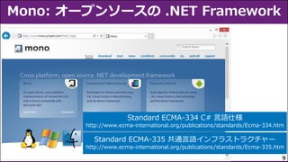 Standard ECMA-334 C# 言語仕様
http://www.ecma-international.org/publications/standards/Ecma-334.htm

Standard ECMA-335 共通言語インフラストラクチャー
http://www.ecma-international.org/publications/standards/Ecma-335.htm
9

 