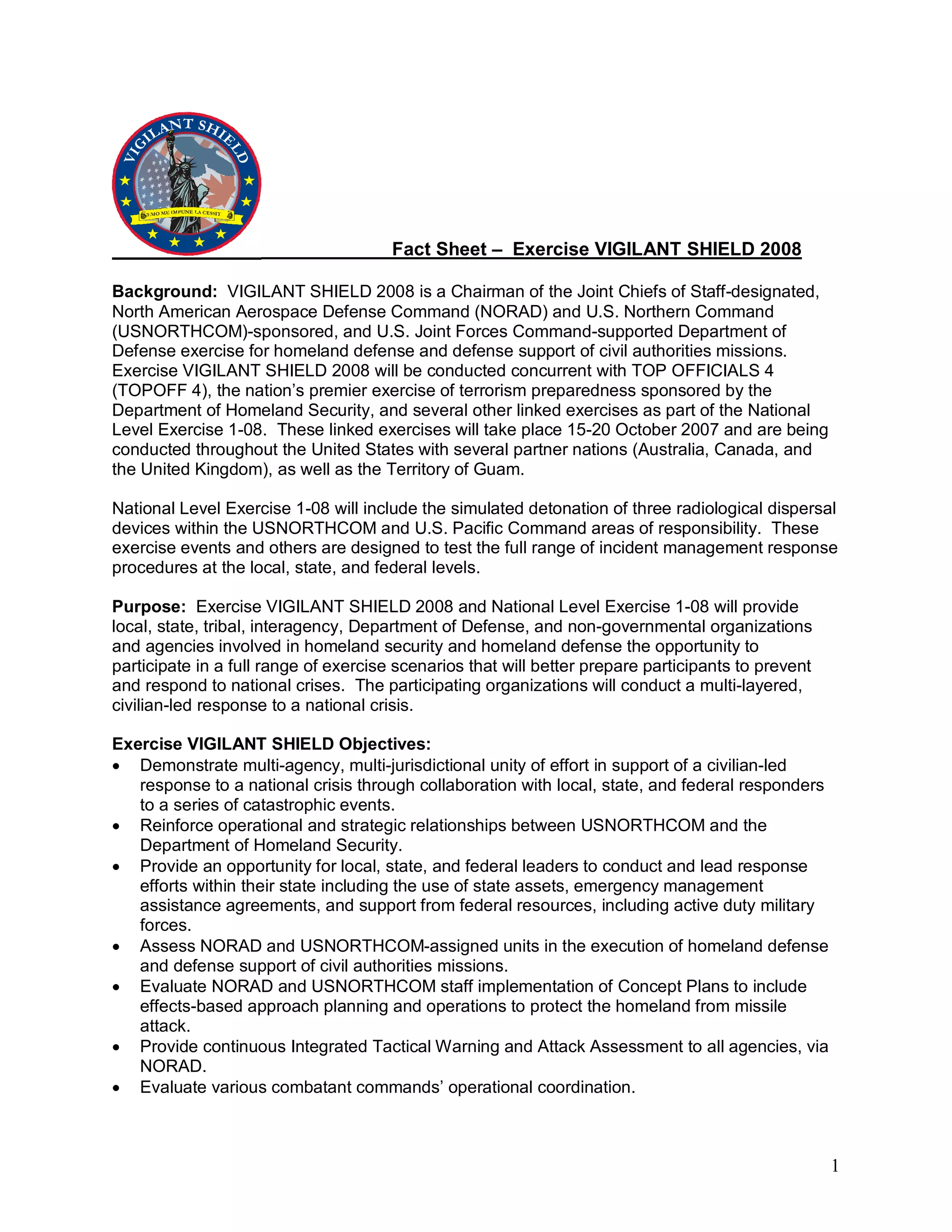 Exercise Vigilant Shield ’08 Fact Sheet