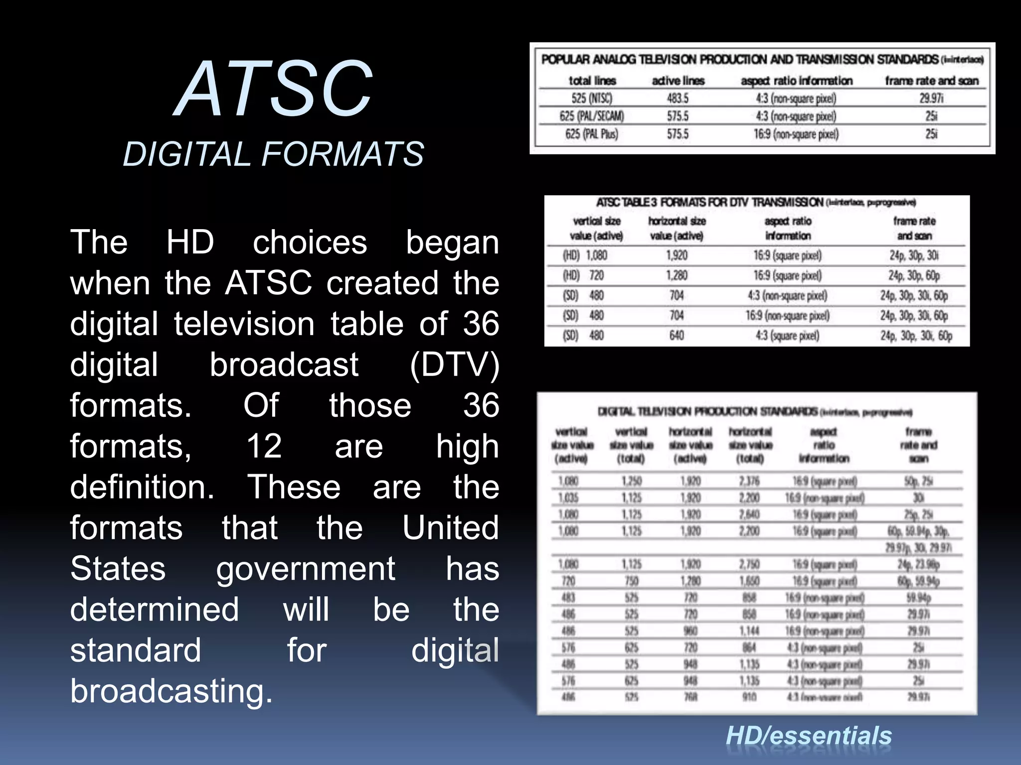 The HD choices began
when the ATSC created the
digital television table of 36
digital broadcast (DTV)
formats. Of those 36
formats, 12 are high
definition. These are the
formats that the United
States government has
determined will be the
standard for digital
broadcasting.
HD/essentials
ATSC
DIGITAL FORMATS
 