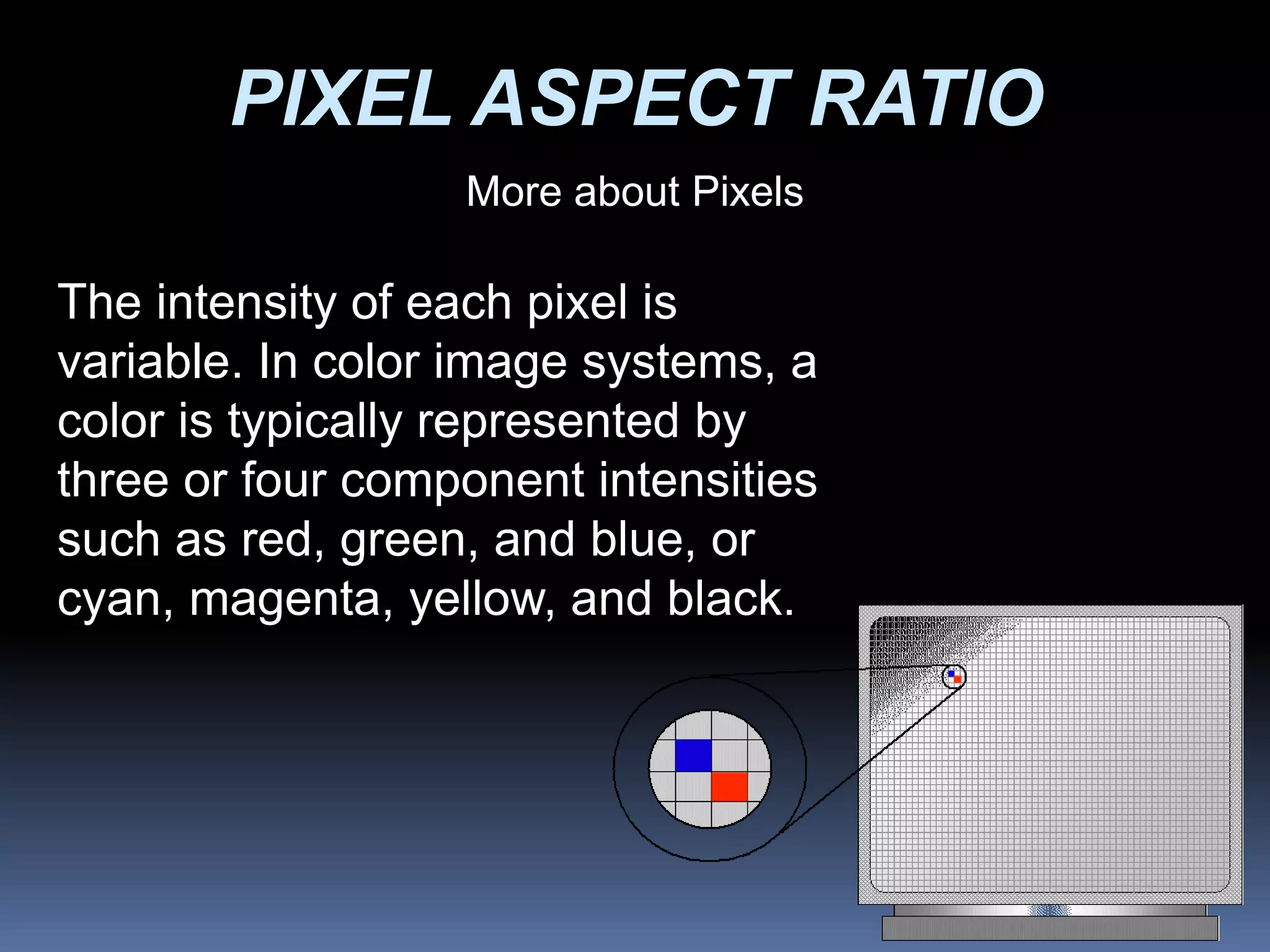 More about Pixels
PIXEL ASPECT RATIO
The intensity of each pixel is
variable. In color image systems, a
color is typically represented by
three or four component intensities
such as red, green, and blue, or
cyan, magenta, yellow, and black.
 