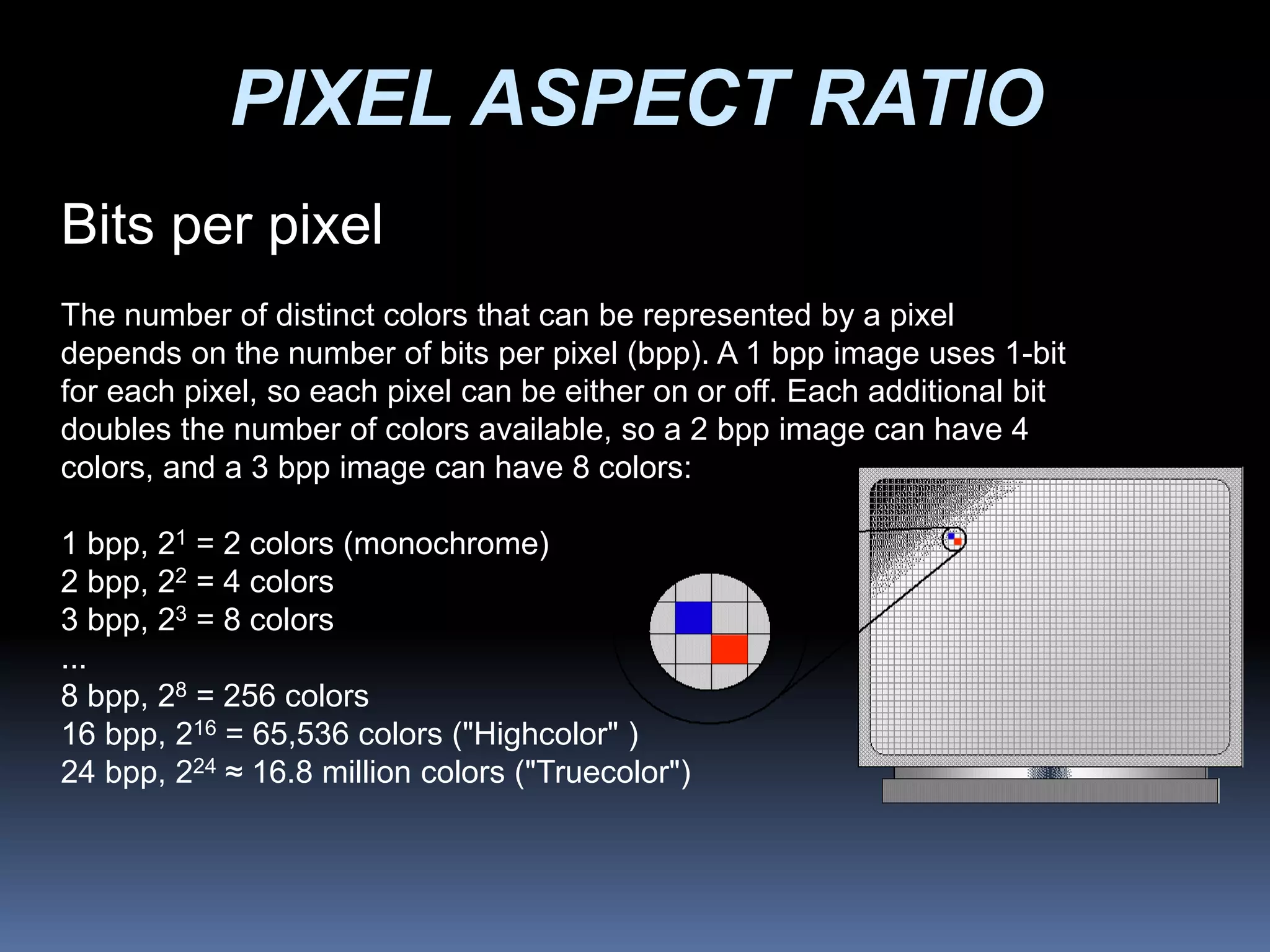 PIXEL ASPECT RATIO
Bits per pixel
The number of distinct colors that can be represented by a pixel
depends on the number of bits per pixel (bpp). A 1 bpp image uses 1-bit
for each pixel, so each pixel can be either on or off. Each additional bit
doubles the number of colors available, so a 2 bpp image can have 4
colors, and a 3 bpp image can have 8 colors:
1 bpp, 21 = 2 colors (monochrome)
2 bpp, 22 = 4 colors
3 bpp, 23 = 8 colors
...
8 bpp, 28 = 256 colors
16 bpp, 216 = 65,536 colors ("Highcolor" )
24 bpp, 224 ≈ 16.8 million colors ("Truecolor")
 