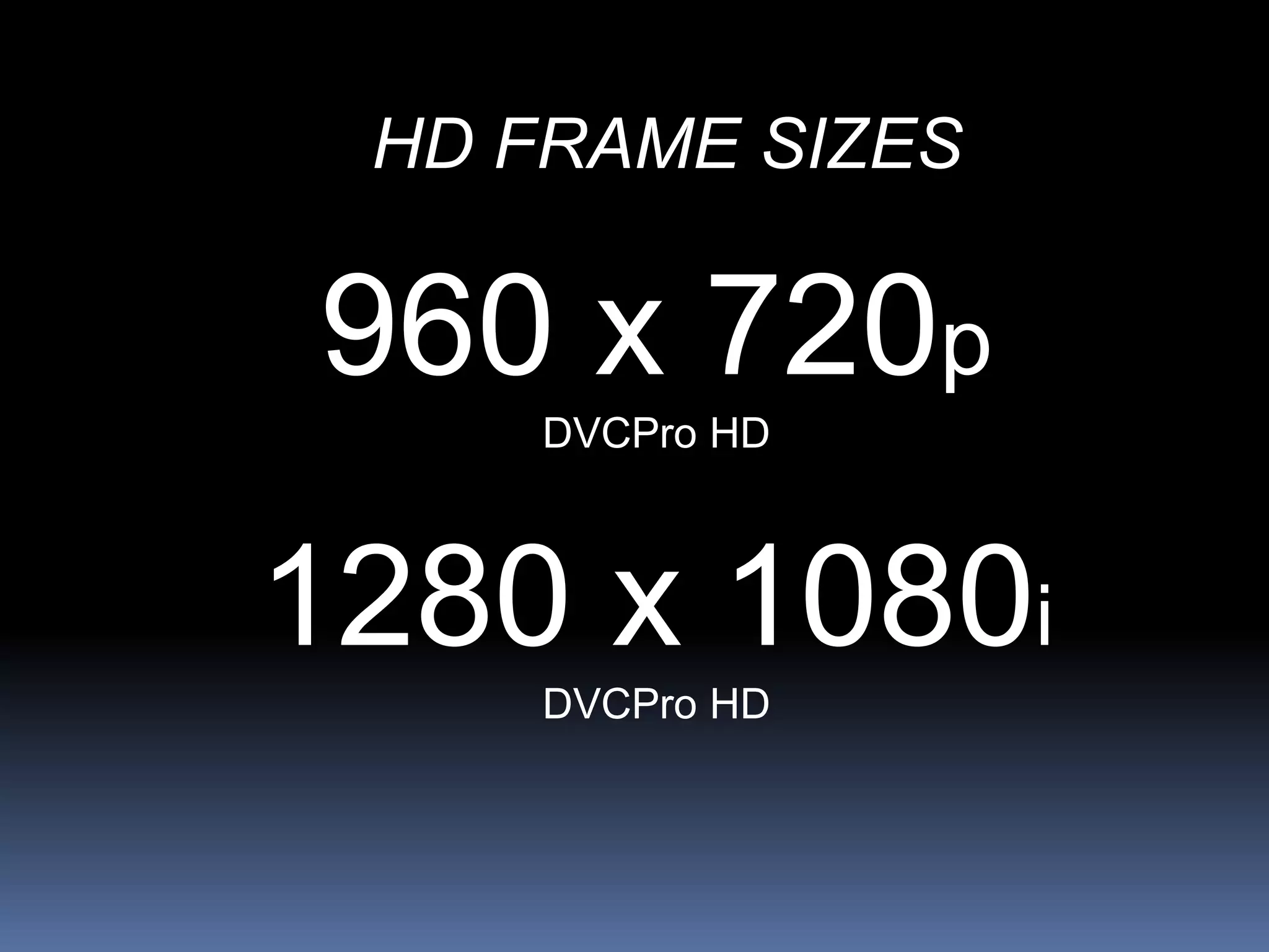 HD FRAME SIZES
960 x 720p
DVCPro HD
1280 x 1080i
DVCPro HD
 