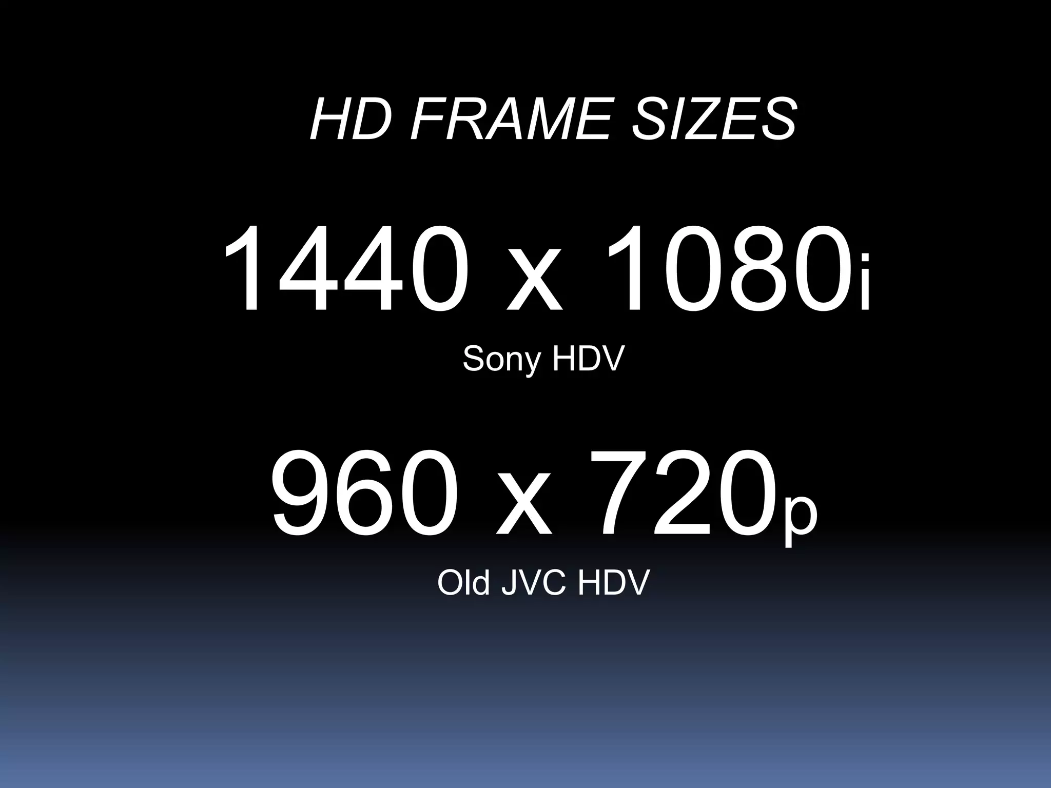 HD FRAME SIZES
1440 x 1080i
Sony HDV
960 x 720p
Old JVC HDV
 