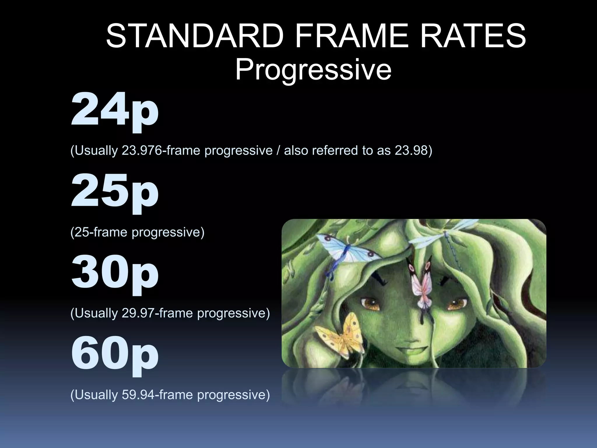 STANDARD FRAME RATES
Progressive
24p
(Usually 23.976-frame progressive / also referred to as 23.98)
25p
(25-frame progressive)
30p
(Usually 29.97-frame progressive)
60p
(Usually 59.94-frame progressive)
 