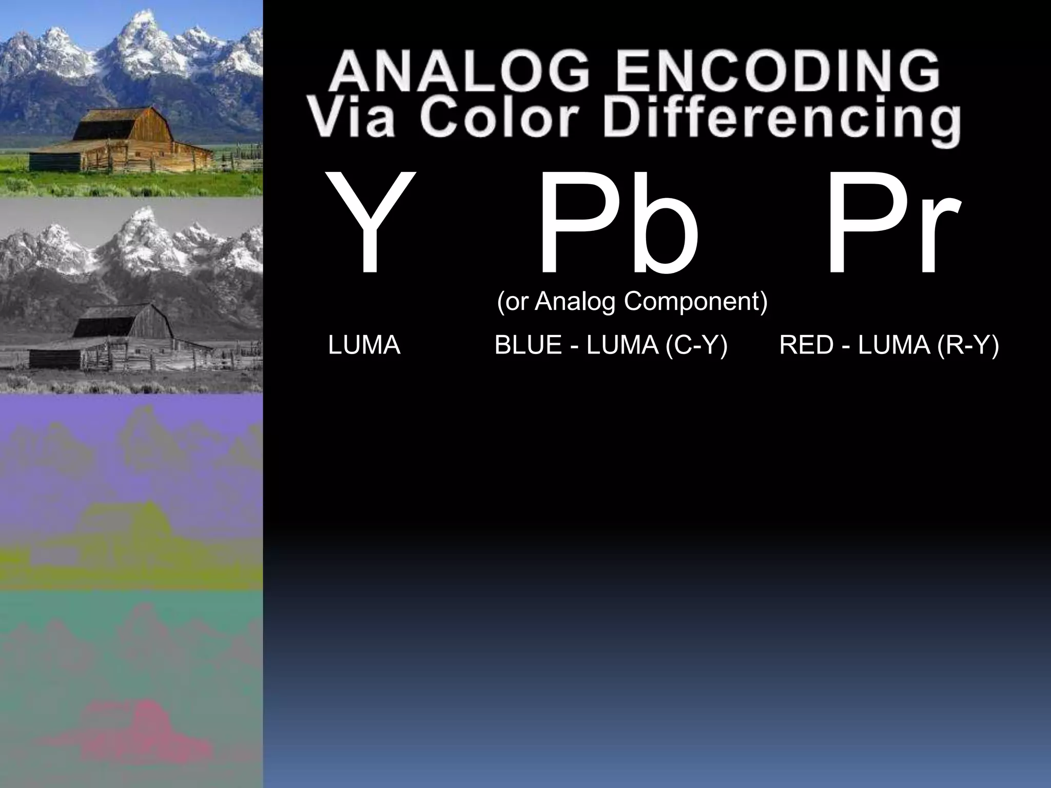 Y Pb Pr
LUMA BLUE - LUMA (C-Y) RED - LUMA (R-Y)
(or Analog Component)
 