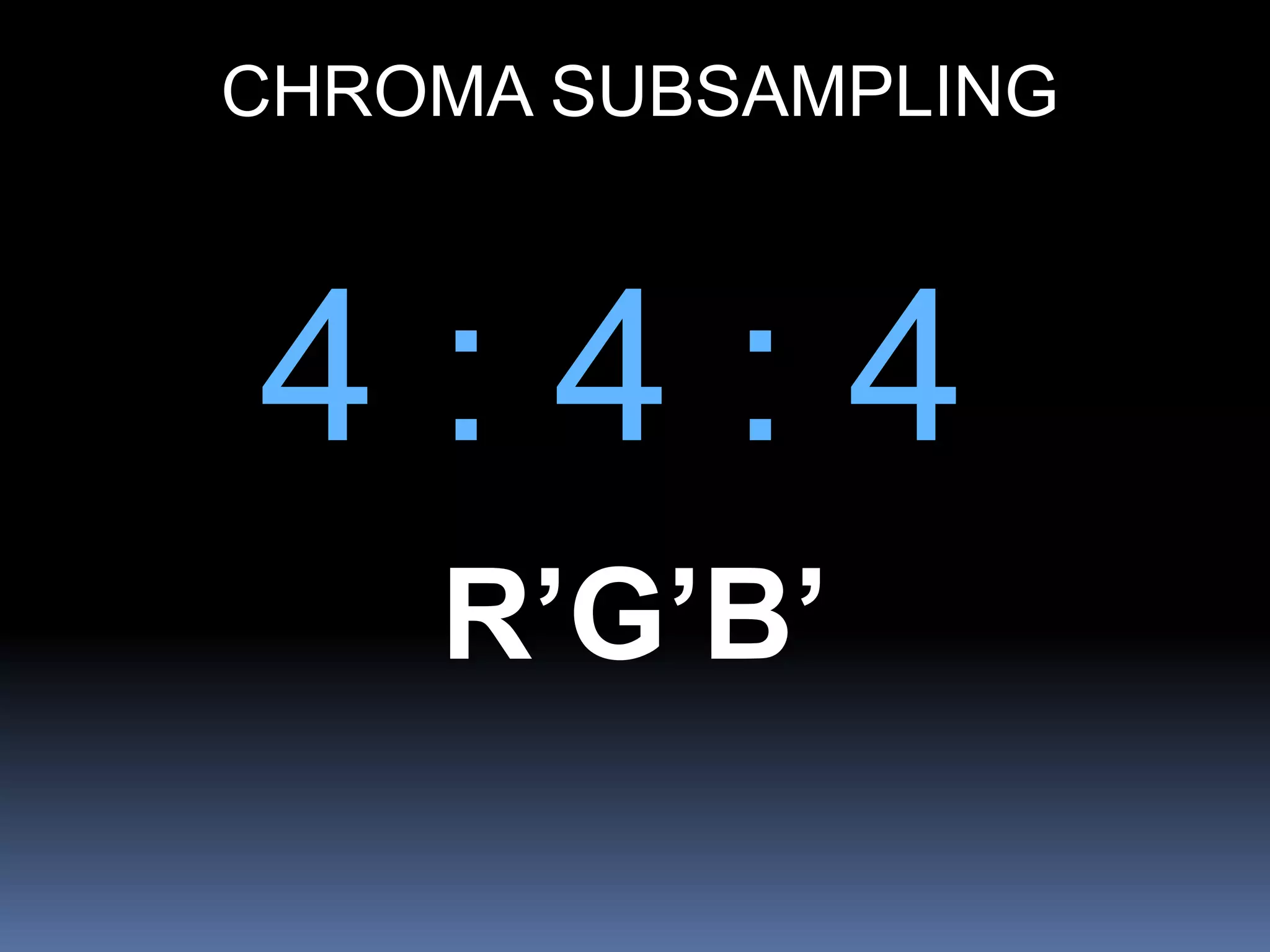 4 : 4 : 4
R’G’B’
CHROMA SUBSAMPLING
 
