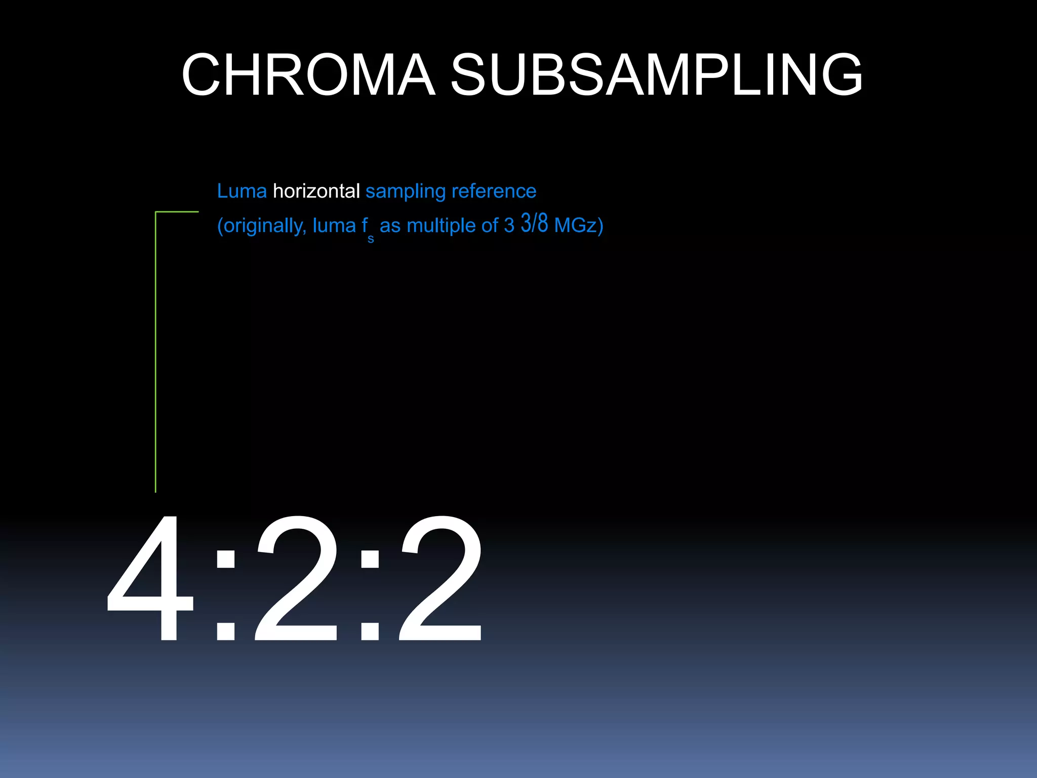 4:2:2
Luma horizontal sampling reference
(originally, luma f
s
as multiple of 3 MGz)
CHROMA SUBSAMPLING
 