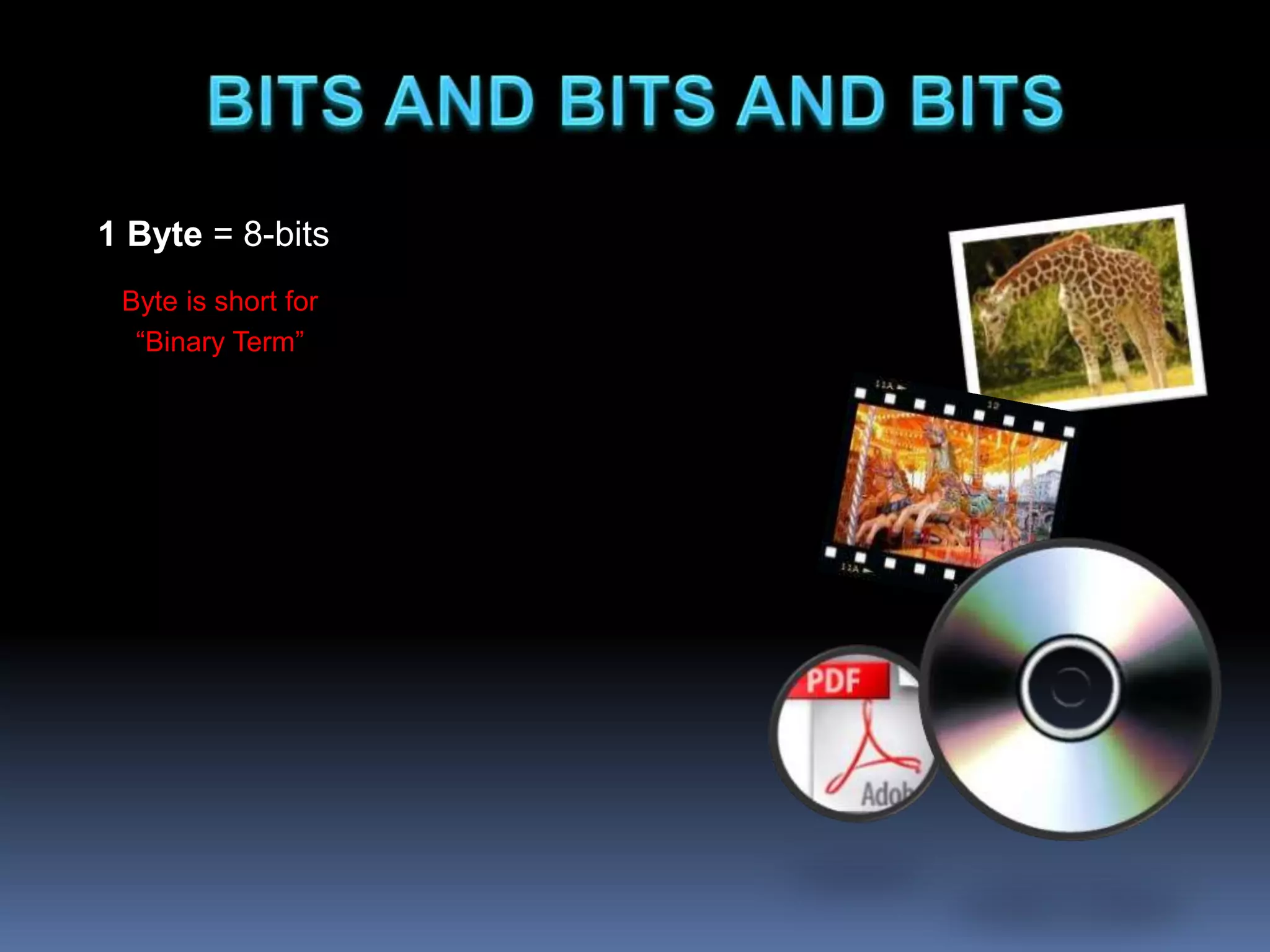 1 Byte = 8-bits
Byte is short for
“Binary Term”
 
