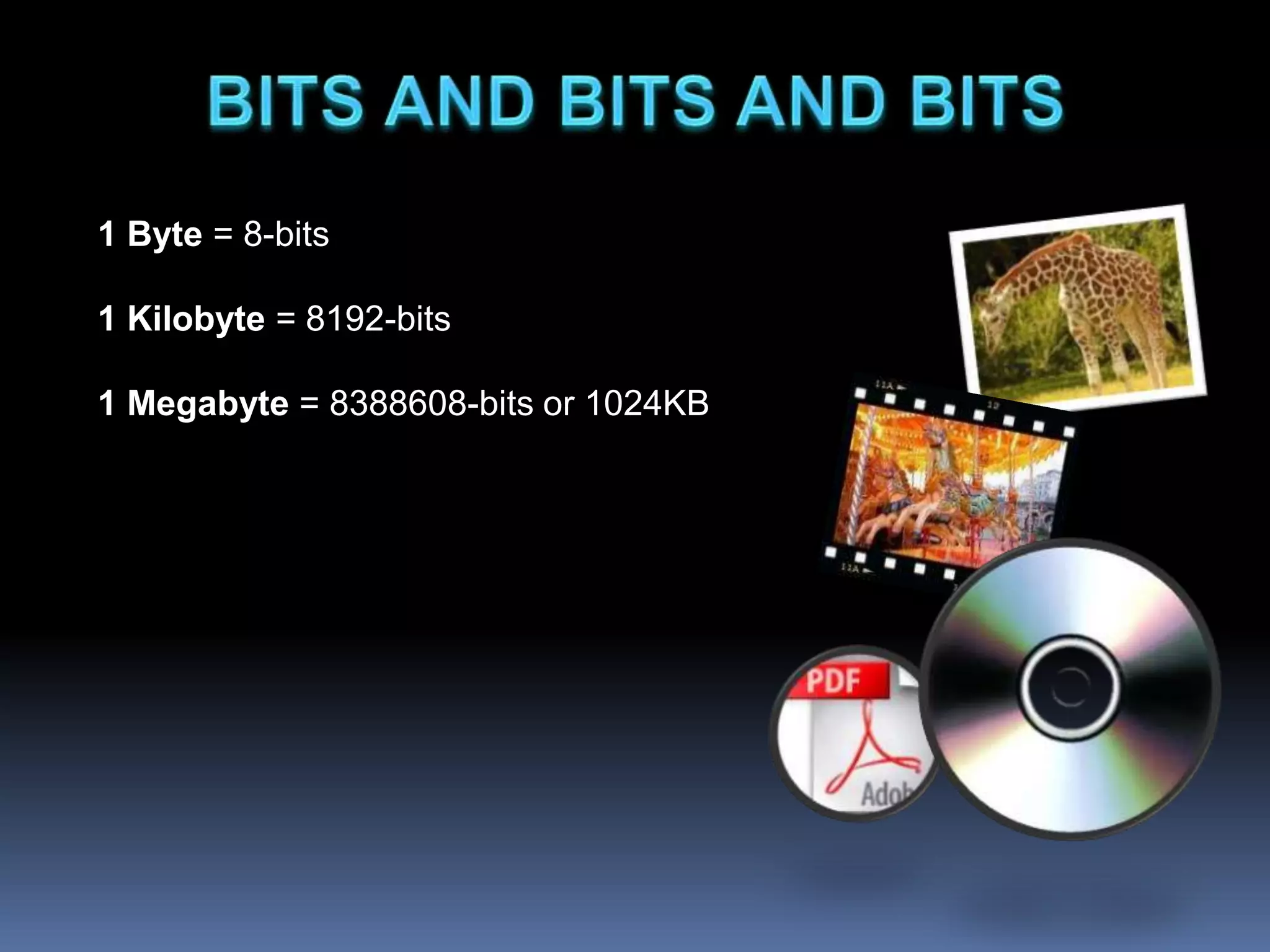 1 Byte = 8-bits
1 Kilobyte = 8192-bits
1 Megabyte = 8388608-bits or 1024KB
 