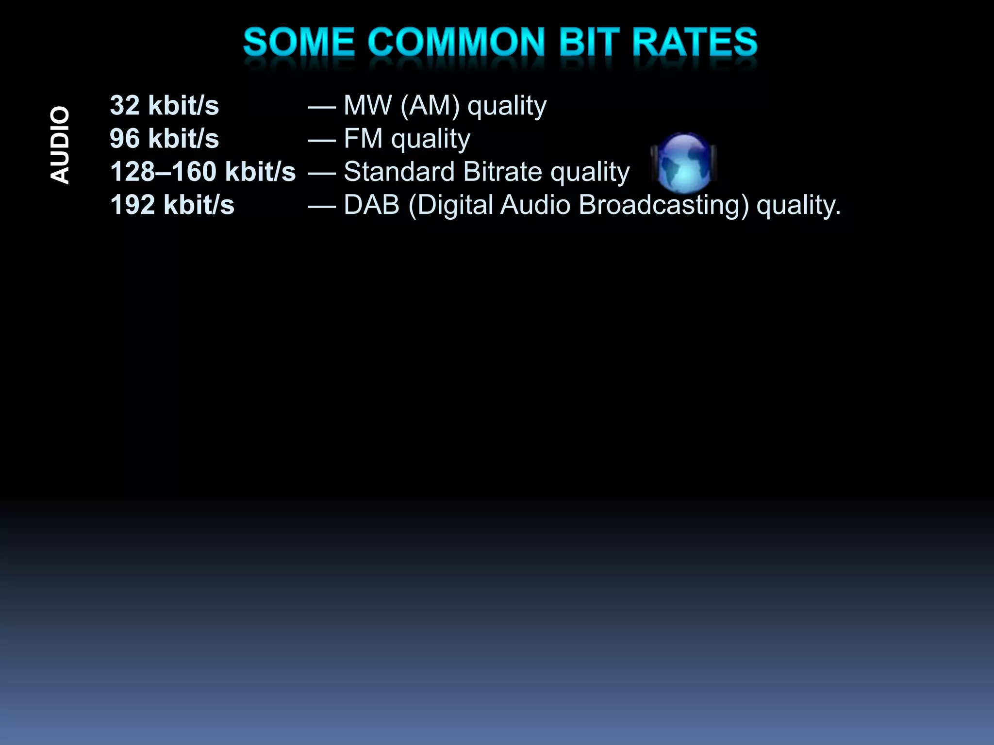 32 kbit/s — MW (AM) quality
96 kbit/s — FM quality
128–160 kbit/s — Standard Bitrate quality
192 kbit/s — DAB (Digital Audio Broadcasting) quality.
AUDIO
 