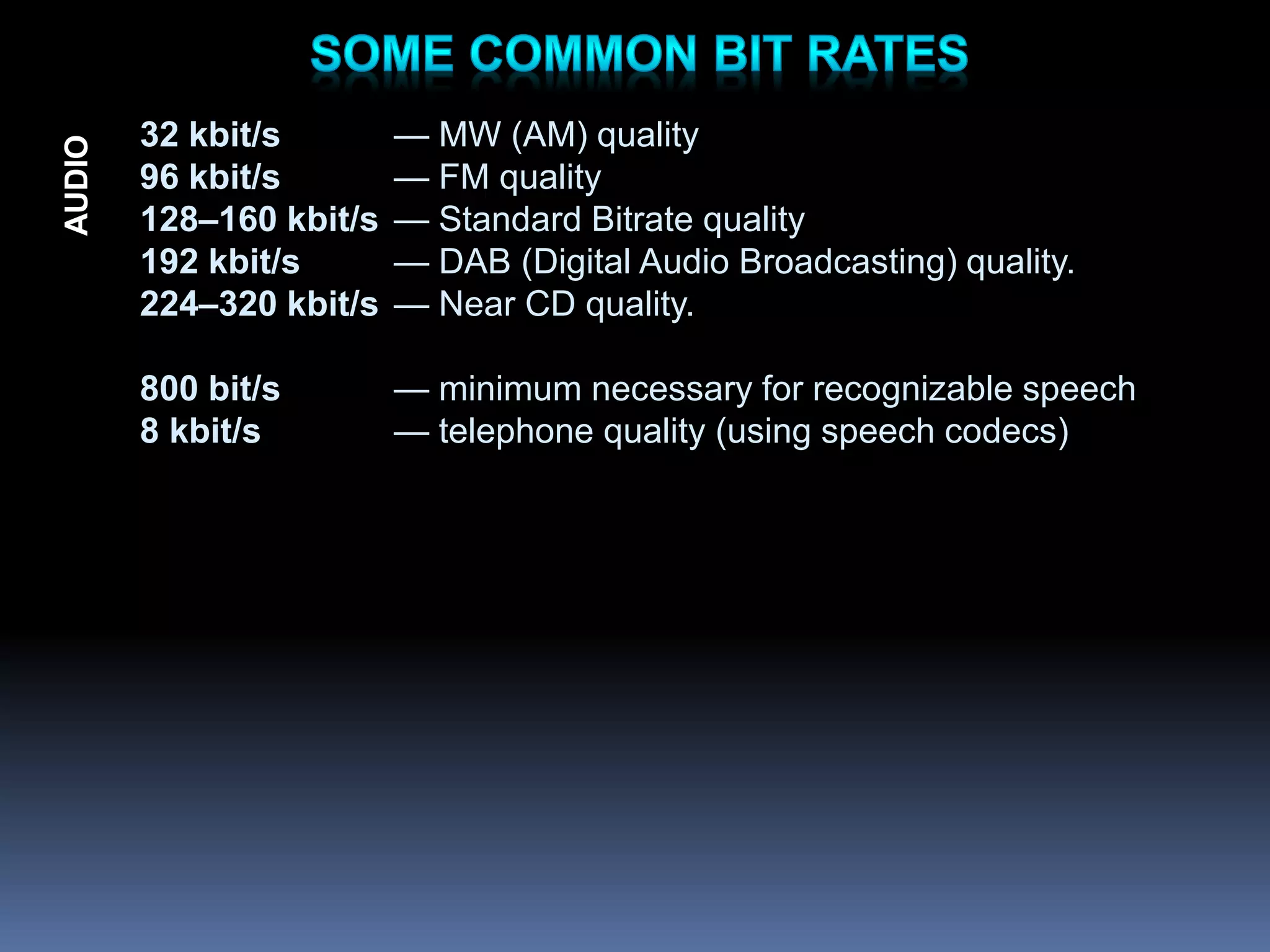 32 kbit/s — MW (AM) quality
96 kbit/s — FM quality
128–160 kbit/s — Standard Bitrate quality
192 kbit/s — DAB (Digital Audio Broadcasting) quality.
224–320 kbit/s — Near CD quality.
800 bit/s — minimum necessary for recognizable speech
8 kbit/s — telephone quality (using speech codecs)
AUDIO
 
