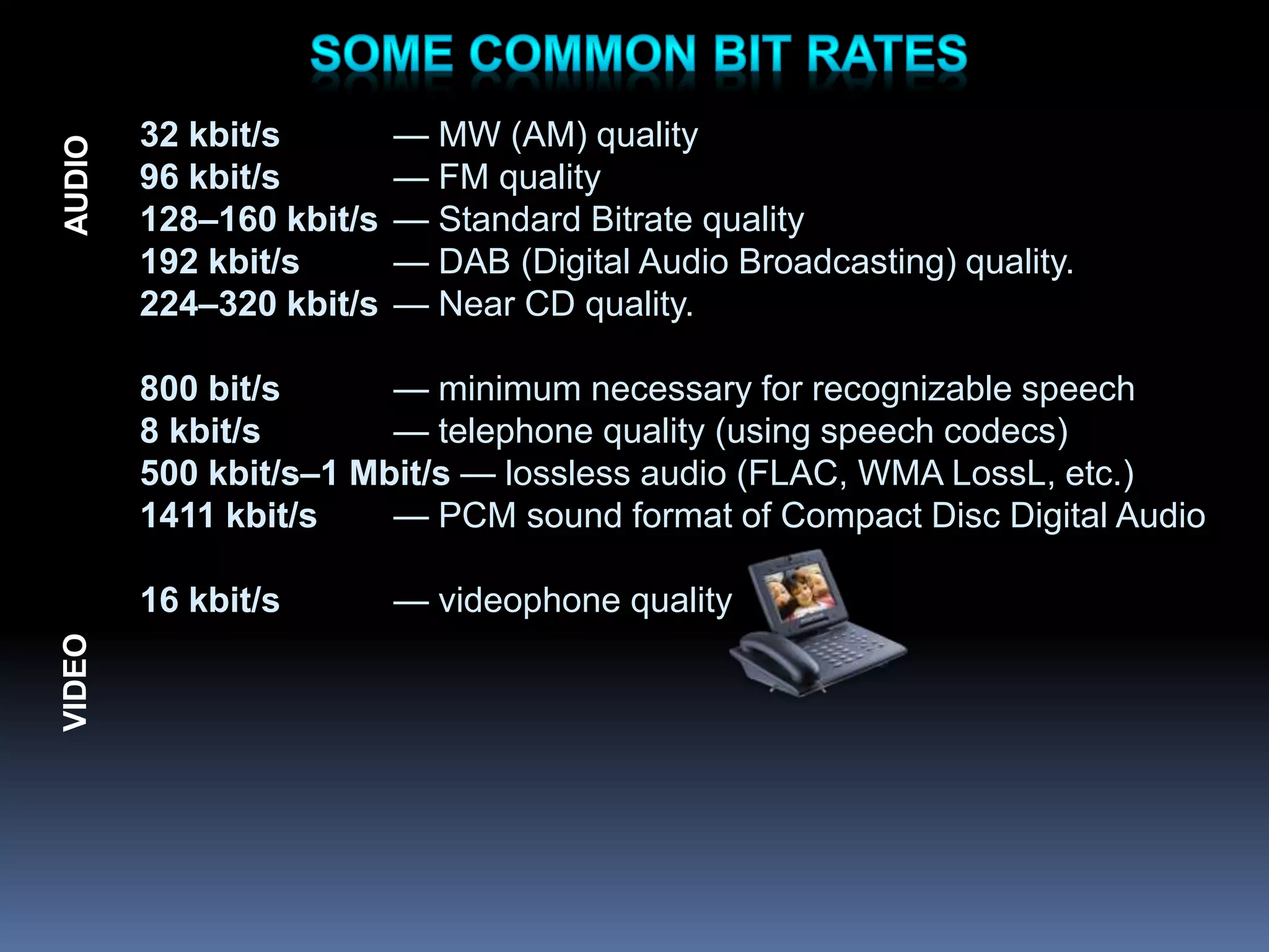 32 kbit/s — MW (AM) quality
96 kbit/s — FM quality
128–160 kbit/s — Standard Bitrate quality
192 kbit/s — DAB (Digital Audio Broadcasting) quality.
224–320 kbit/s — Near CD quality.
800 bit/s — minimum necessary for recognizable speech
8 kbit/s — telephone quality (using speech codecs)
500 kbit/s–1 Mbit/s — lossless audio (FLAC, WMA LossL, etc.)
1411 kbit/s — PCM sound format of Compact Disc Digital Audio
16 kbit/s — videophone quality
AUDIO
VIDEO
 