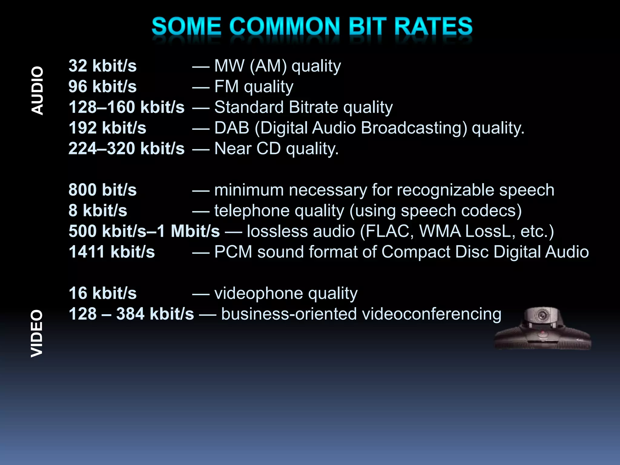 32 kbit/s — MW (AM) quality
96 kbit/s — FM quality
128–160 kbit/s — Standard Bitrate quality
192 kbit/s — DAB (Digital Audio Broadcasting) quality.
224–320 kbit/s — Near CD quality.
800 bit/s — minimum necessary for recognizable speech
8 kbit/s — telephone quality (using speech codecs)
500 kbit/s–1 Mbit/s — lossless audio (FLAC, WMA LossL, etc.)
1411 kbit/s — PCM sound format of Compact Disc Digital Audio
16 kbit/s — videophone quality
128 – 384 kbit/s — business-oriented videoconferencing
AUDIO
VIDEO
 