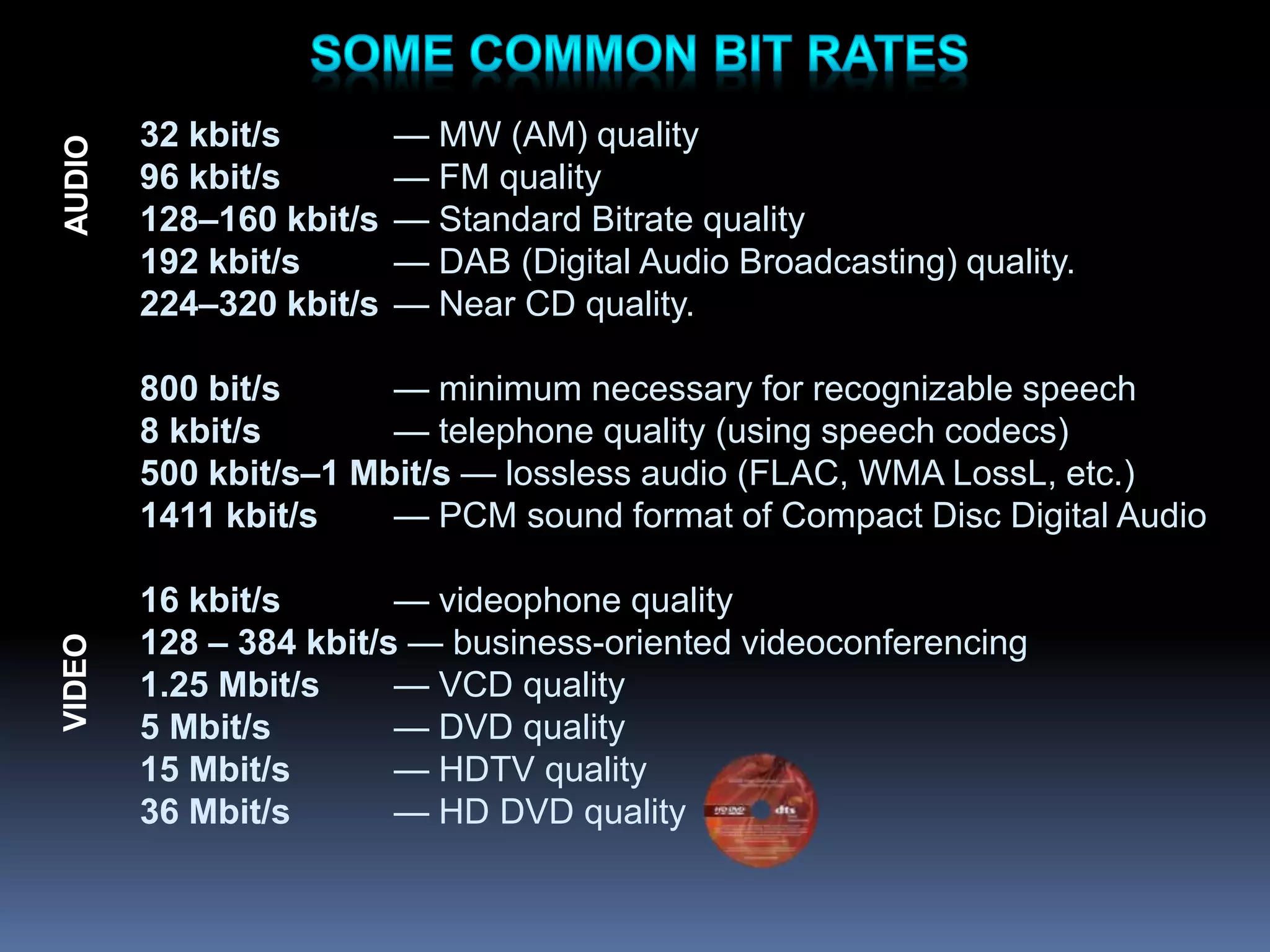 32 kbit/s — MW (AM) quality
96 kbit/s — FM quality
128–160 kbit/s — Standard Bitrate quality
192 kbit/s — DAB (Digital Audio Broadcasting) quality.
224–320 kbit/s — Near CD quality.
800 bit/s — minimum necessary for recognizable speech
8 kbit/s — telephone quality (using speech codecs)
500 kbit/s–1 Mbit/s — lossless audio (FLAC, WMA LossL, etc.)
1411 kbit/s — PCM sound format of Compact Disc Digital Audio
16 kbit/s — videophone quality
128 – 384 kbit/s — business-oriented videoconferencing
1.25 Mbit/s — VCD quality
5 Mbit/s — DVD quality
15 Mbit/s — HDTV quality
36 Mbit/s — HD DVD quality
VIDEO
AUDIO
 