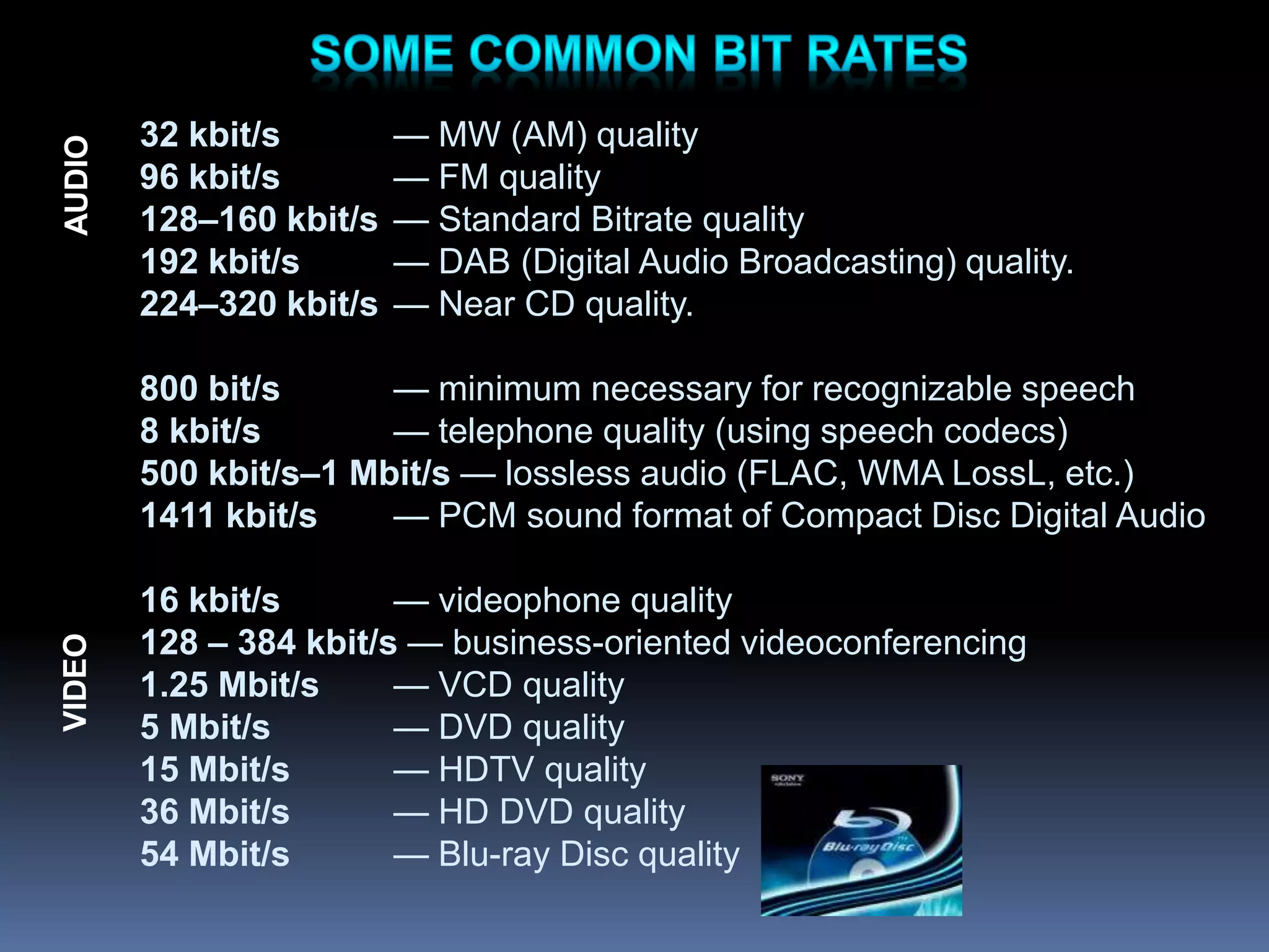 32 kbit/s — MW (AM) quality
96 kbit/s — FM quality
128–160 kbit/s — Standard Bitrate quality
192 kbit/s — DAB (Digital Audio Broadcasting) quality.
224–320 kbit/s — Near CD quality.
800 bit/s — minimum necessary for recognizable speech
8 kbit/s — telephone quality (using speech codecs)
500 kbit/s–1 Mbit/s — lossless audio (FLAC, WMA LossL, etc.)
1411 kbit/s — PCM sound format of Compact Disc Digital Audio
16 kbit/s — videophone quality
128 – 384 kbit/s — business-oriented videoconferencing
1.25 Mbit/s — VCD quality
5 Mbit/s — DVD quality
15 Mbit/s — HDTV quality
36 Mbit/s — HD DVD quality
54 Mbit/s — Blu-ray Disc quality
VIDEO
AUDIO
 
