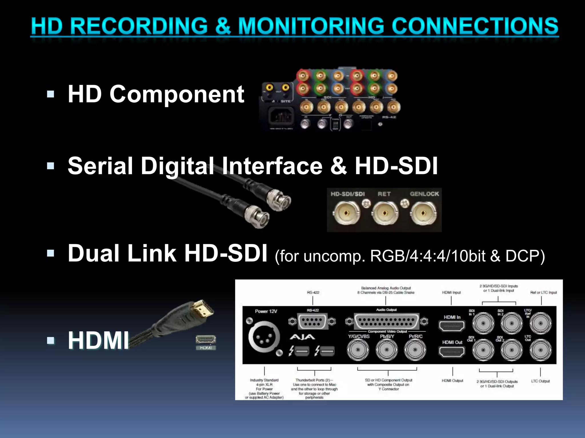  HD Component
 Serial Digital Interface & HD-SDI
 Dual Link HD-SDI (for uncomp. RGB/4:4:4/10bit & DCP)
 HDMI
 