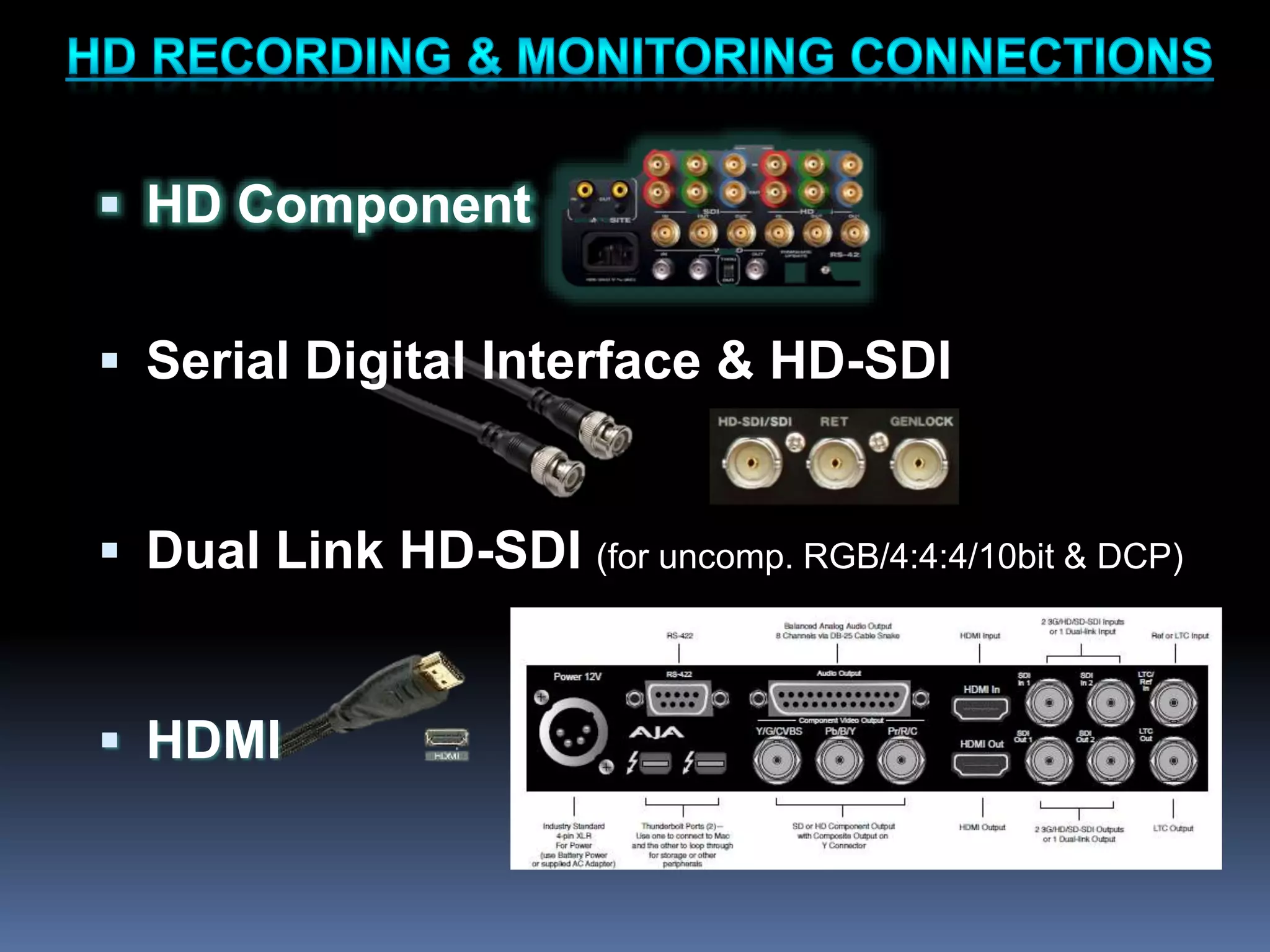  HD Component
 Serial Digital Interface & HD-SDI
 Dual Link HD-SDI (for uncomp. RGB/4:4:4/10bit & DCP)
 HDMI
 