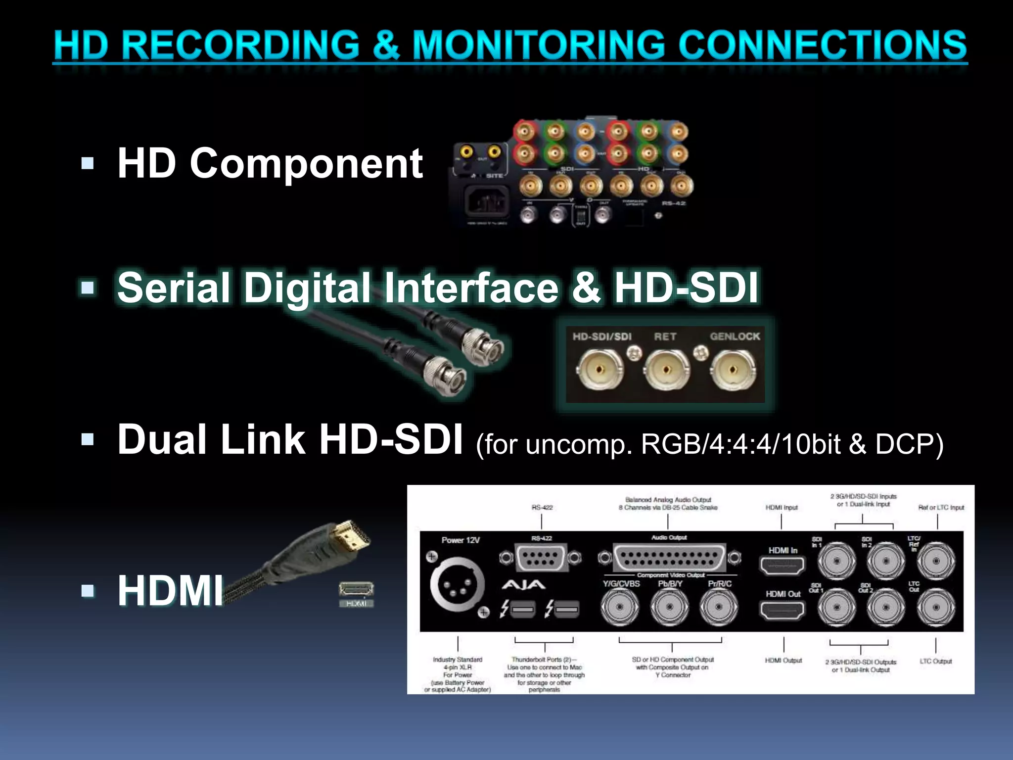  HD Component
 Serial Digital Interface & HD-SDI
 Dual Link HD-SDI (for uncomp. RGB/4:4:4/10bit & DCP)
 HDMI
 