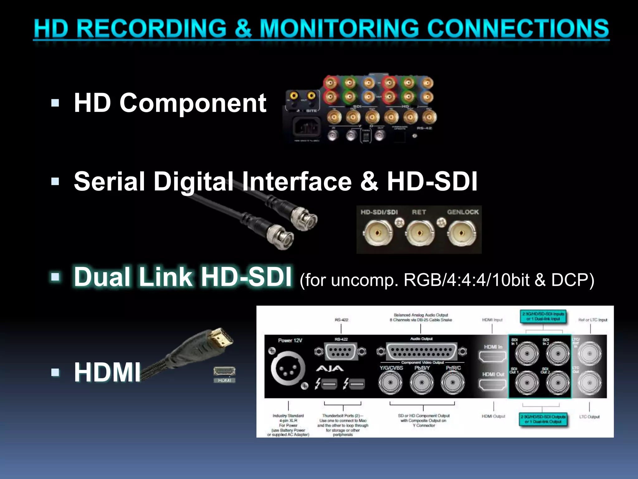  HD Component
 Serial Digital Interface & HD-SDI
 Dual Link HD-SDI (for uncomp. RGB/4:4:4/10bit & DCP)
 HDMI
 
