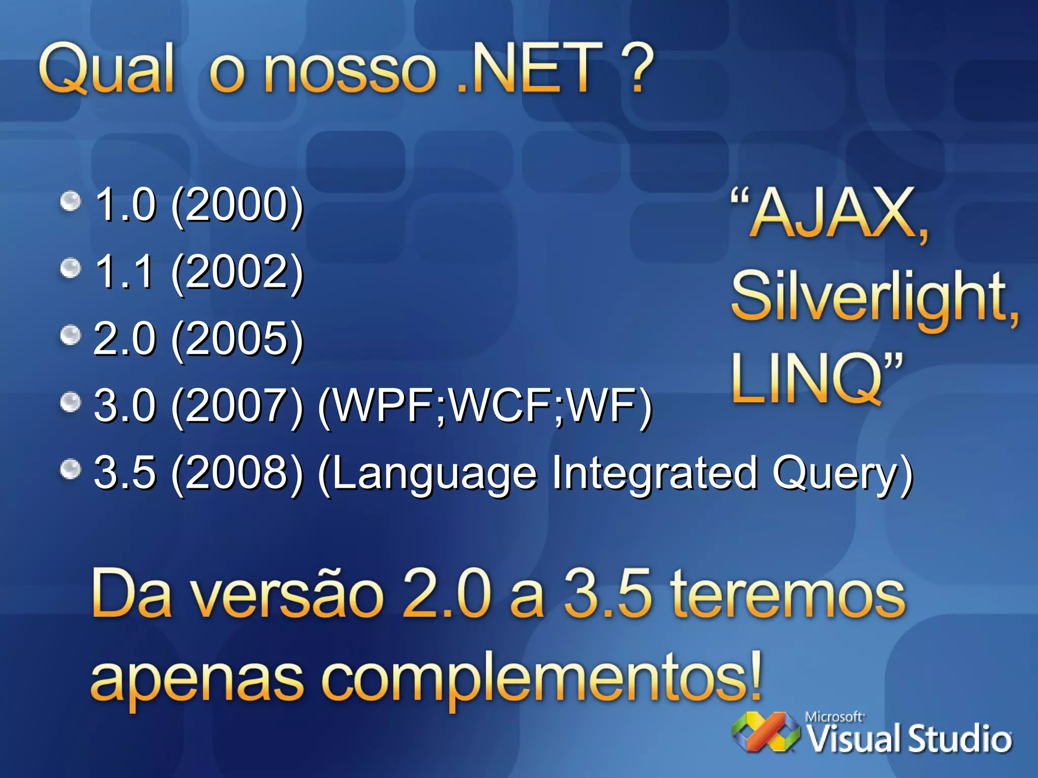 1.0 (2000) 1.1 (2002) 2.0 (2005)  3.0 (2007) (WPF;WCF;WF) 3.5 (2008) (Language Integrated Query) 