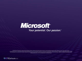 © 2009 Microsoft Corporation. All rights reserved. Microsoft, Windows, Windows Vista and other product names are or may be registered trademarks and/or trademarks in the U.S. and/or other countries.
The information herein is for informational purposes only and represents the current view of Microsoft Corporation as of the date of this presentation. Because Microsoft must respond to changing market conditions, it should
not be interpreted to be a commitment on the part of Microsoft, and Microsoft cannot guarantee the accuracy of any information provided after the date of this presentation. MICROSOFT MAKES NO WARRANTIES, EXPRESS,
IMPLIED OR STATUTORY, AS TO THE INFORMATION IN THIS PRESENTATION.
 
