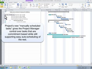 Project’s new “manually scheduled
 tasks” gives the Project Manager
    control over tasks that are
   commitment based while still
supporting easy auto-scheduling of
              the rest.
 