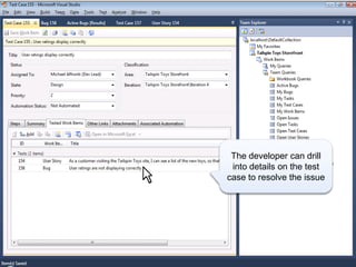 The developer can drill
 into details on the test
case to resolve the issue
 