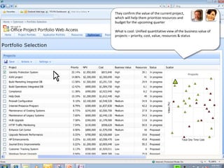 They confirm the value of the current project,
which will help them prioritize resources and
budget for the upcoming quarter

What is cool: Unified quantitative view of the business value of
projects – priority, cost, value, resources & status
 