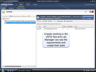 A tester working in the
 VSTS Test and Lab
Manager can see the
   requirements and
    create their tests
 