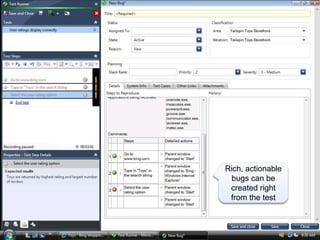Rich, actionable
 bugs can be
 created right
 from the test
 