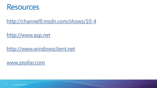 Resourceshttp://channel9.msdn.com/shows/10-4http://www.asp.nethttp://www.windowsclient.netwww.zeollar.comMicrosoft Confidential14