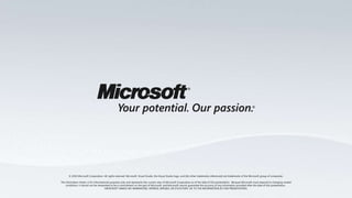 © 2010 Microsoft Corporation. All rights reserved. Microsoft, Visual Studio, the Visual Studio logo, and [list other trademarks referenced] are trademarks of the Microsoft group of companies.  The information herein is for informational purposes only and represents the current view of Microsoft Corporation as of the date of this presentation.  Because Microsoft must respond to changing market conditions, it should not be interpreted to be a commitment on the part of Microsoft, and Microsoft cannot guarantee the accuracy of any information provided after the date of this presentation.  MICROSOFT MAKES NO WARRANTIES, EXPRESS, IMPLIED, OR STATUTORY, AS TO THE INFORMATION IN THIS PRESENTATION.