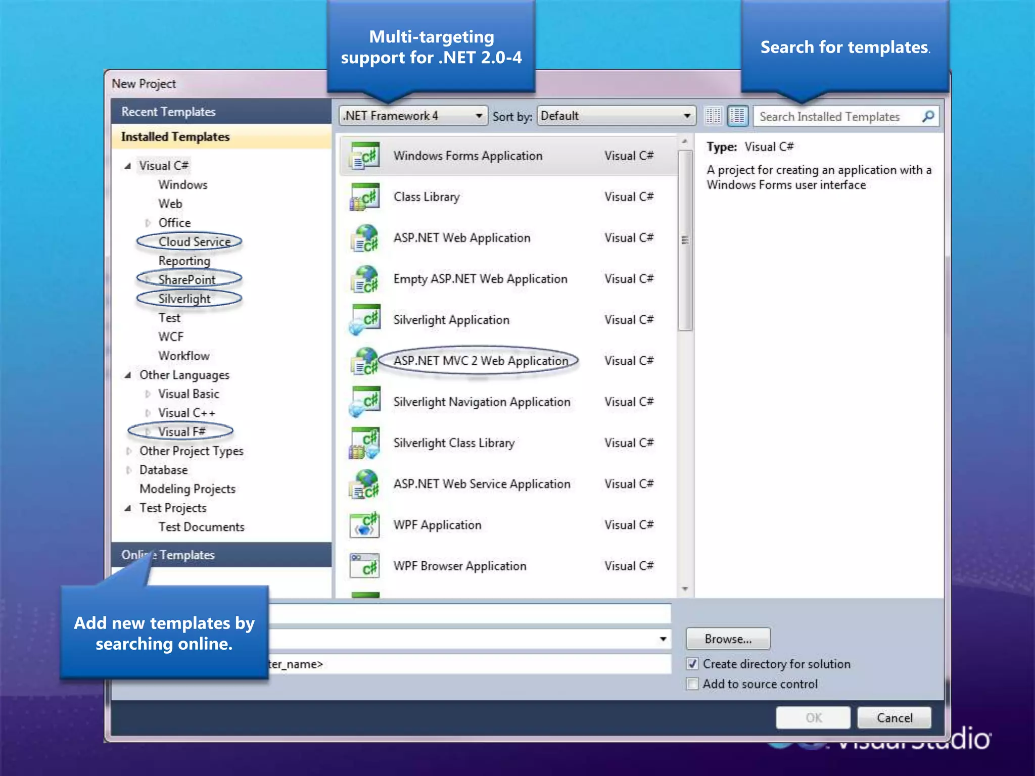 Search for templates.Multi-targeting  support for .NET 2.0-4Add new templates by searching online.