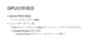 GPU診断機能
• GPU処理解析機能
 • フレームキャプチャ機能
• シェーダーデバッガ
 • C/C++のコードのようにHLSLやマイクロコードデバッグができる
 • Compute Shader以外に対応
   • Compute Shaderはほかのシェーダよりもフックが難しい
 