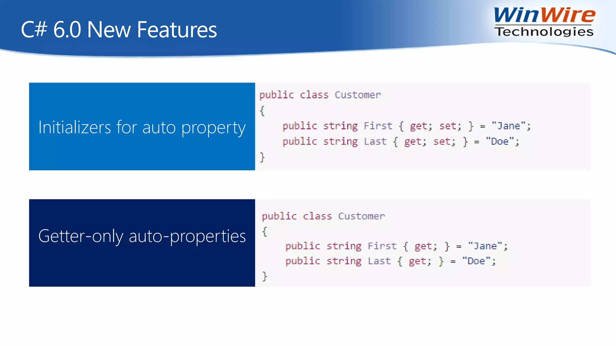 C# 6.0 New Features
Initializers for auto property
Getter-only auto-properties
 