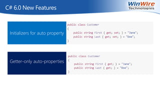 C# 6.0 New Features
Initializers for auto property
Getter-only auto-properties
 