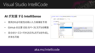 AI ֧Ԯ  IntelliSense
? ʹäԤθߤay
? GitHub Ҫ OSS ٩`˥ǥ򘋺B
? Է֤Υ``ɤ饫ǥɤ
Ф
aka.ms/intellicode
Visual Studio IntelliCode
 