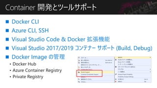 ? Docker CLI
? Azure CLI, SSH
? Visual Studio Code & Docker C
? Visual Studio 2017/2019 ƥʩ` ݩ` (Build, Debug)
? Docker Image ι
? Docker Hub
? Azure Container Registry
? Private Registry
Container _kȥĩ`륵ݩ`
 