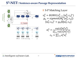 𝐼𝑛𝑡𝑒𝑙𝑙𝑖𝑔𝑒𝑛𝑡 𝑠𝑜𝑓𝑡𝑤𝑎𝑟𝑒 𝐿𝑎𝑏. 35
S3-NET: Sentence-aware Passage Representation
S-P Matching Layer
𝑣 𝑛
𝑃 = 𝐵𝑖𝑆𝑅𝑈(𝑣 𝑛−1
𝑃
, 𝑢 𝑛
𝑃; 𝑐 𝑛
∗ሻ
𝑔 𝑛 = 𝑠𝑖𝑔𝑚𝑜𝑖𝑑(𝑊𝑔
𝑃
𝑢 𝑛
𝑃
; 𝑐 𝑛 ሻ
𝑢 𝑛
𝑃
; 𝑐 𝑛
∗
= 𝑔 𝑛⨀[𝑢 𝑛
𝑃
; 𝑐 𝑛]
𝛼𝑖
𝑛
=
exp 𝑢 𝑛
𝑃 𝑊𝑎
𝑃 𝑣𝑖
𝑆
σ 𝑗=1
𝑆
exp 𝑢 𝑛
𝑃 𝑊𝑎
𝑃 𝑣 𝑗
𝑆
𝑐 𝑛 = σ𝑖=1
𝑆
𝑎𝑖
𝑛
𝑢𝑖
𝑃
 