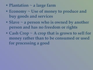 Plantation ~ a large farm Economy ~ Use of money to produce and buy goods and services Slave ~ a person who is owned by another person and has no freedom or rights Cash Crop ~ A crop that is grown to sell for money rather than to be consumed or used for processing a good  