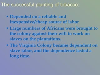 The successful planting of tobacco: Depended on a reliable and inexpensive/cheap source of labor Large numbers of Africans were brought to the colony against their will to work on slaves on the plantations. The Virginia Colony became dependent on slave labor, and the dependence lasted a long time. 
