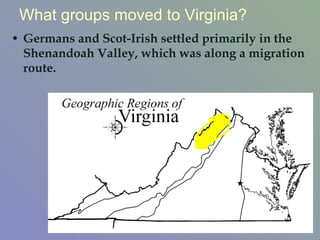 Germans and Scot-Irish settled primarily in the Shenandoah Valley, which was along a migration route.  What groups moved to Virginia? 