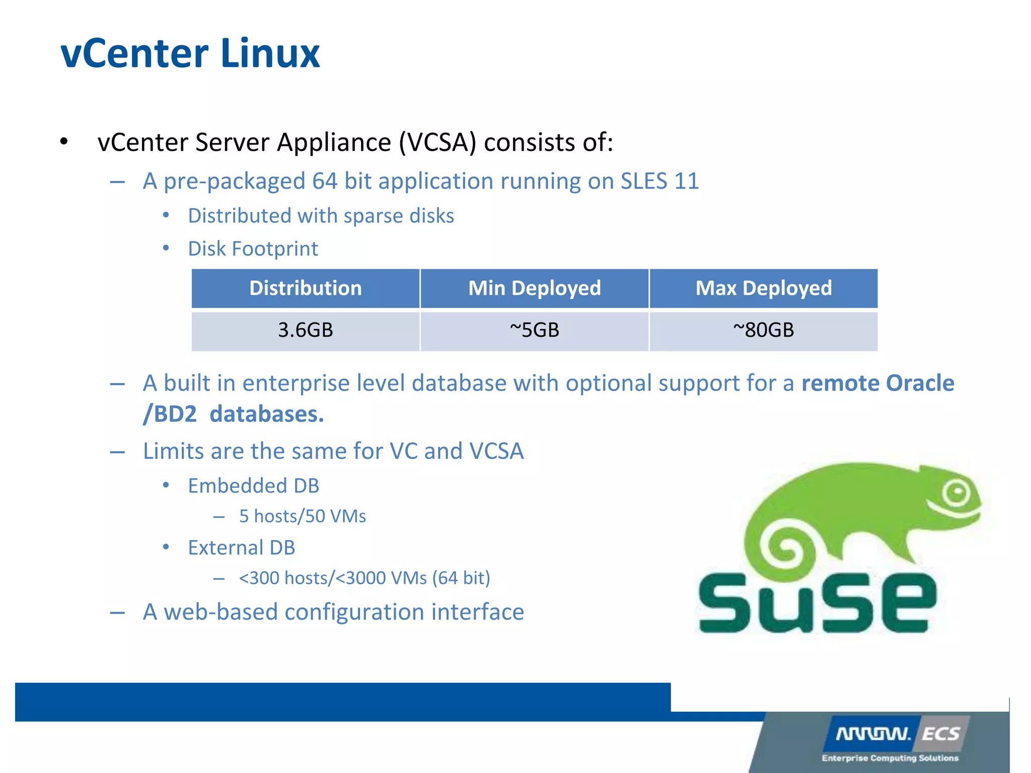 vCenter Linux
• vCenter Server Appliance (VCSA) consists of:
– A pre-packaged 64 bit application running on SLES 11
• Distributed with sparse disks
• Disk Footprint
– A built in enterprise level database with optional support for a remote Oracle
/BD2 databases.
– Limits are the same for VC and VCSA
• Embedded DB
– 5 hosts/50 VMs
• External DB
– <300 hosts/<3000 VMs (64 bit)
– A web-based configuration interface
Distribution Min Deployed Max Deployed
3.6GB ~5GB ~80GB
 